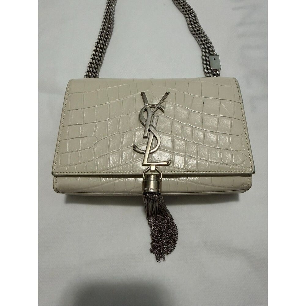 Yves Saint Laurent Dove White Croc Embossed Leather Small Kate Tassel Bag